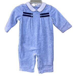 Janie & Jack Layette Blue Velour Long Sleeve Bodysuit 3-6 Mos Buttons Navy Trim